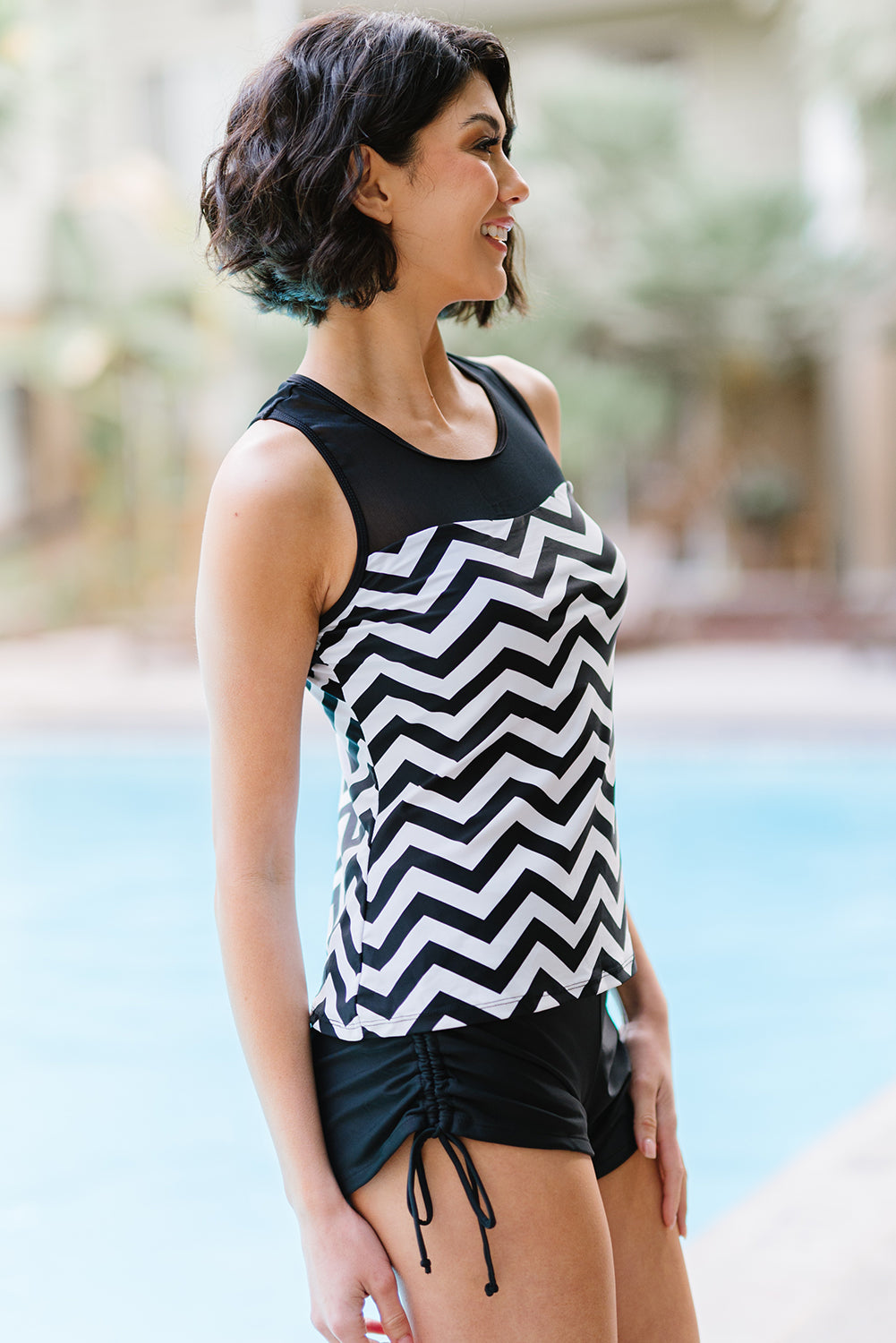 Stilla | Størrelse Chevron Print Rynket Tankini Sæt