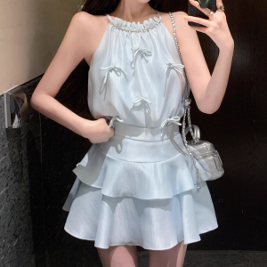 Stilla | Bue Ærmeløs Off Shoulder Satin Top Kage Nederdel Sæt