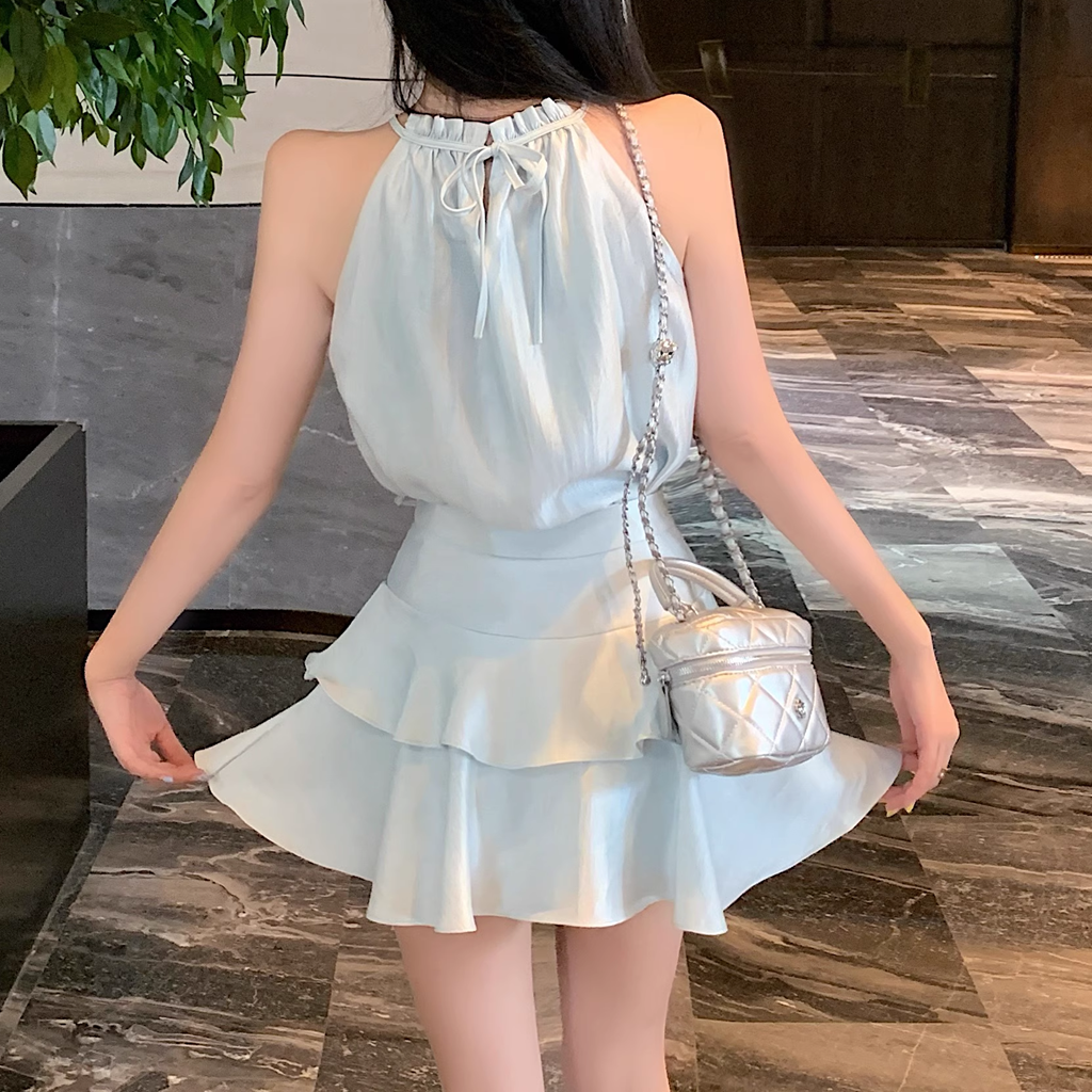 Stilla | Bue Ærmeløs Off Shoulder Satin Top Kage Nederdel Sæt