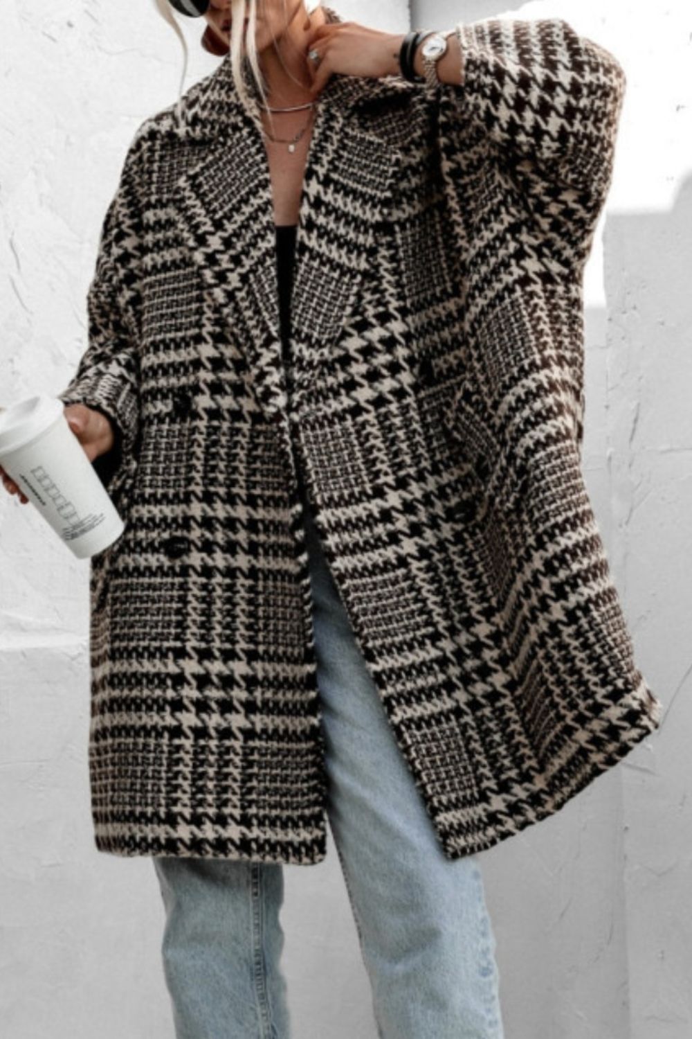 Stilla | Frakke med lange ærmer, houndstooth mønster og lommer