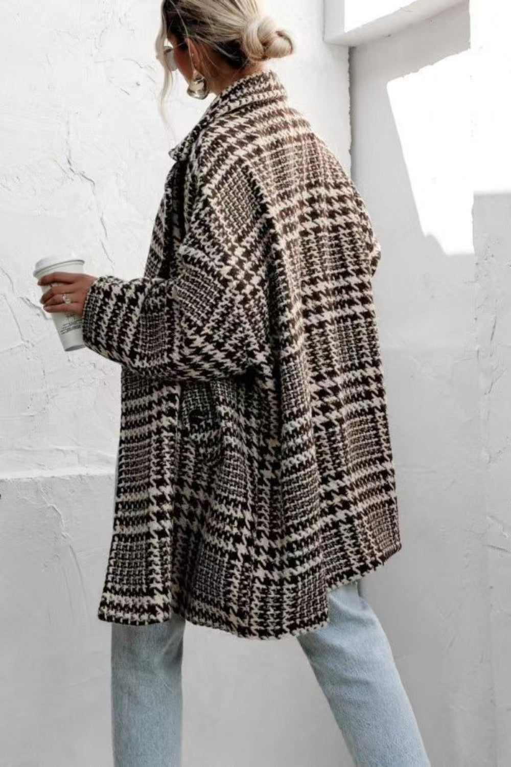 Stilla | Frakke med lange ærmer, houndstooth mønster og lommer