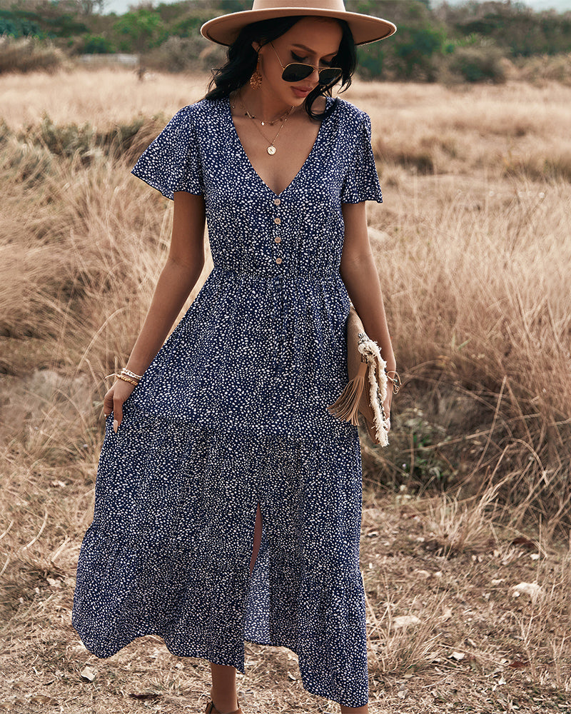 Stilla | Polka Dot V-hals Side Split Knap Op Midi Kjole