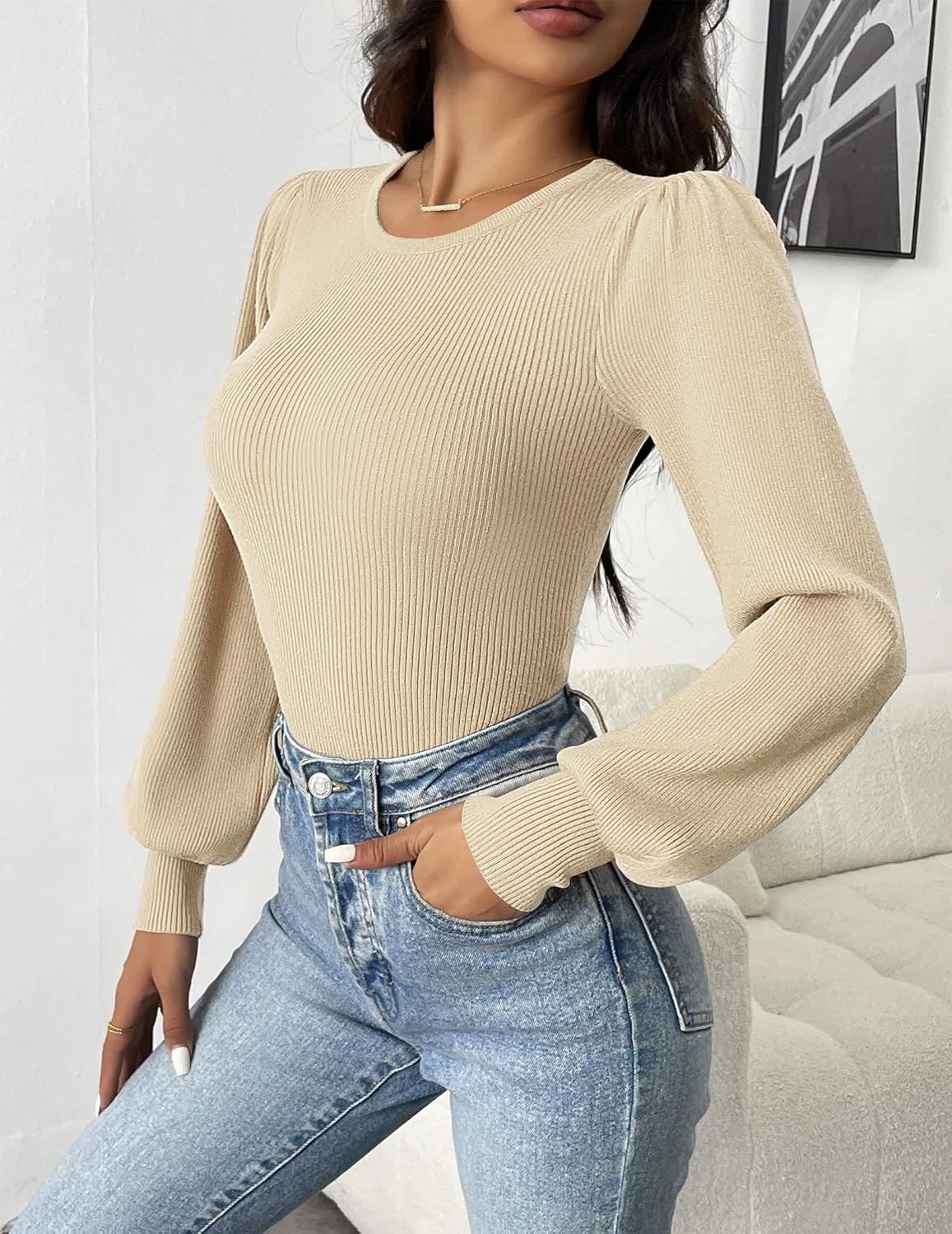 Stilla | Top Ribstrik Body Top med Lange Ærmer Online nu