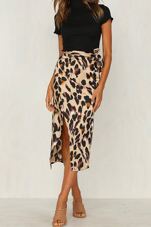 Stilla | Knot Waist Slit Midi Leopard Skirt