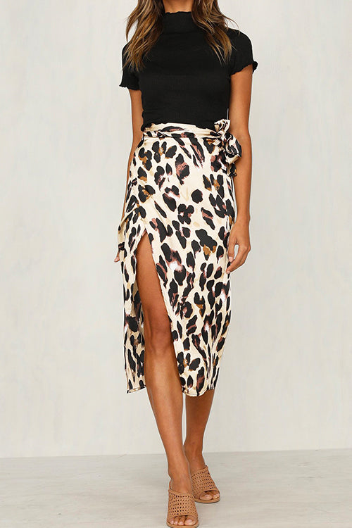 Stilla | Knot Waist Slit Midi Leopard Skirt