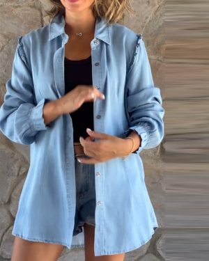 Stilla | Casual Lang Denim Skjorte Bomuld Komfortabel og Afslappet
