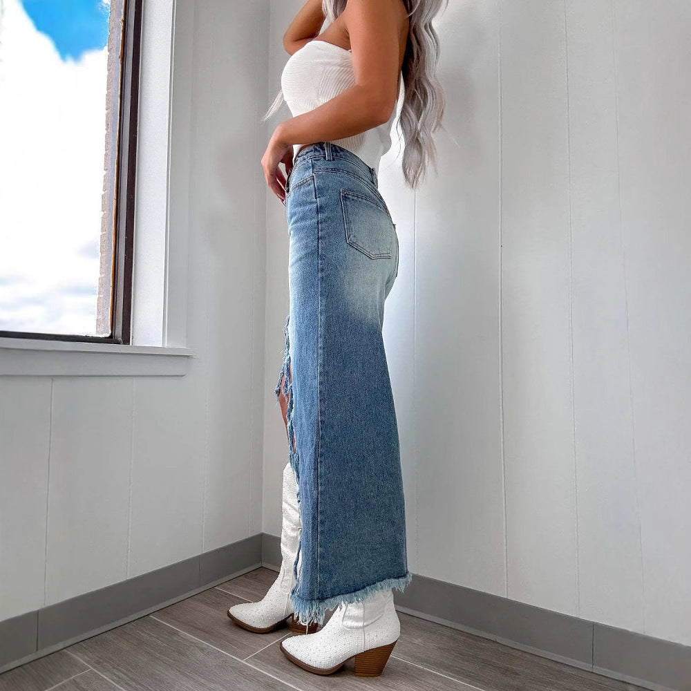 Stilla | Denim Høj Talje Asymmetrisk Nederdel Med Raw Hem Look