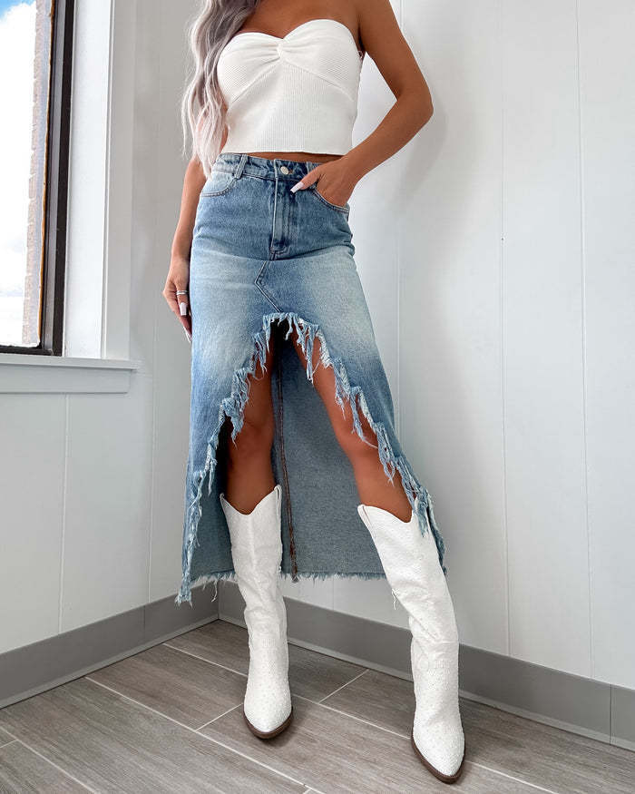 Stilla | Denim Høj Talje Asymmetrisk Nederdel Med Raw Hem Look