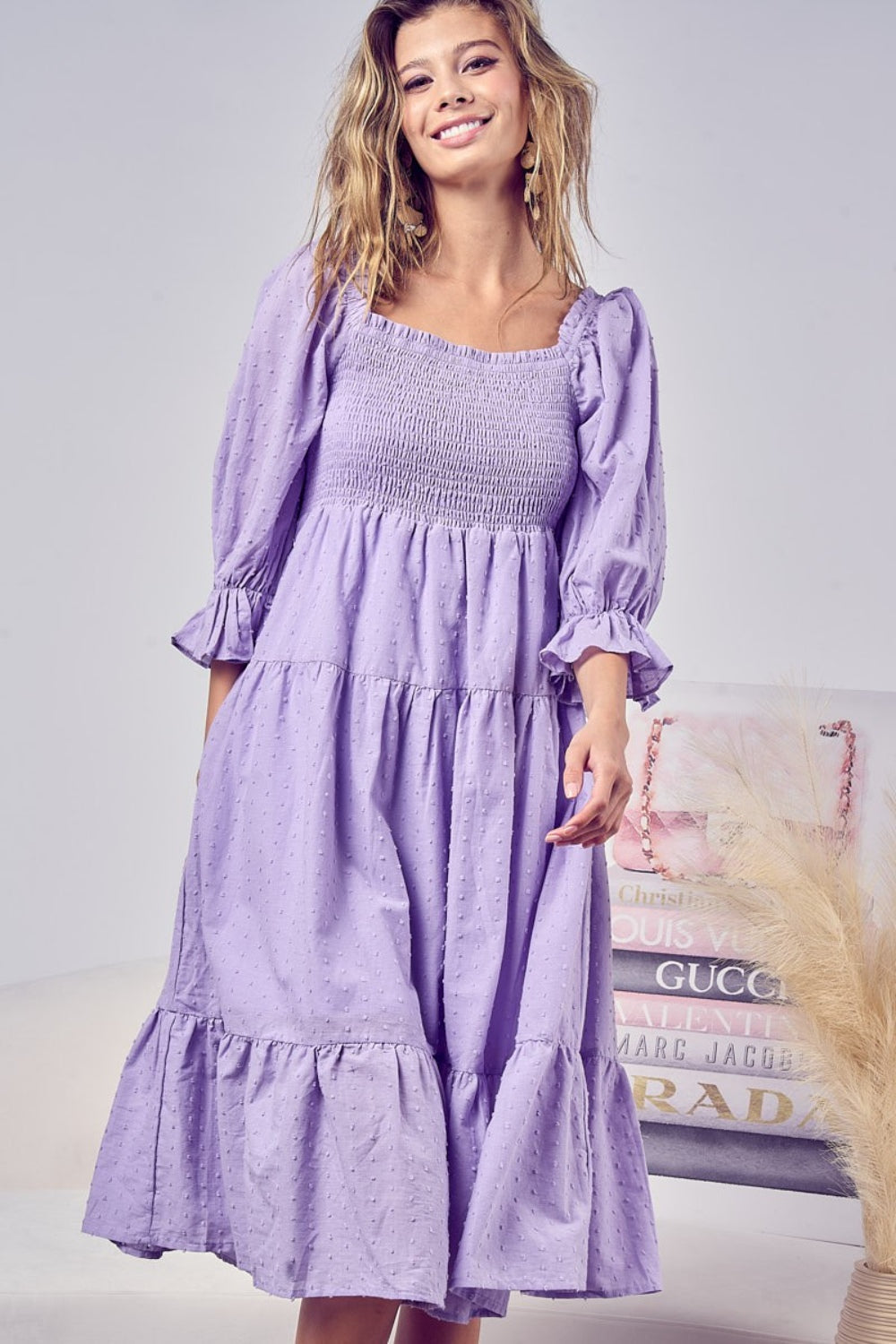 Stilla | Swiss Dot Flounce Sleeve Smocked Tiered Midi Dress