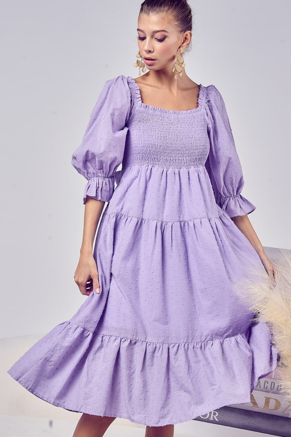 Stilla | Swiss Dot Flounce Sleeve Smocked Tiered Midi Dress