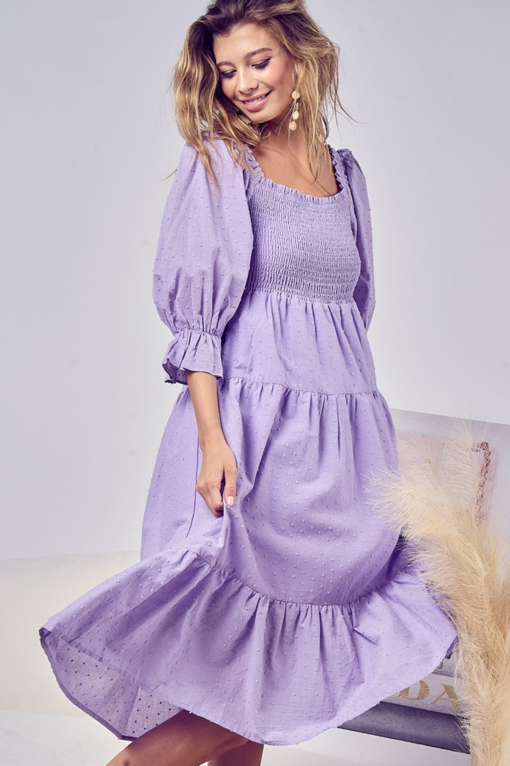 Stilla | Swiss Dot Flounce Sleeve Smocked Tiered Midi Dress