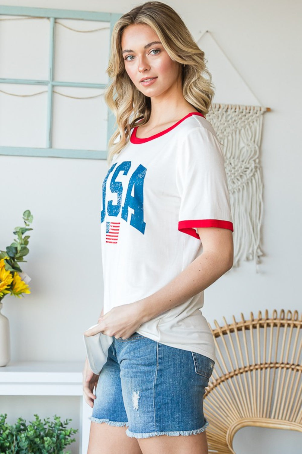 Stilla | Full Size Usa Kontrastkant Kortærmet T-shirt