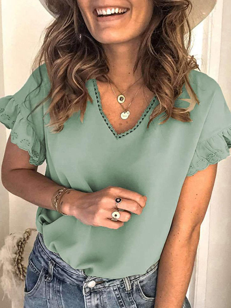 Stilla | Kvinders T-shirts Blonder V-hals Svampe Kant Korte Ærmer T-shirt