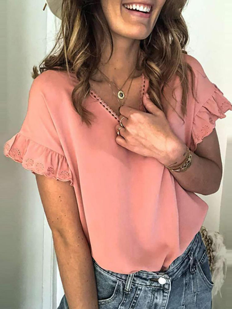 Stilla | Kvinders T-shirts Blonder V-hals Svampe Kant Korte Ærmer T-shirt
