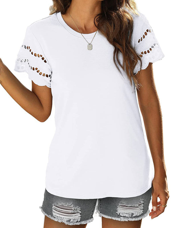 Stilla | Sommer ny blonde broderi kortærmet T-shirt Rund hals top