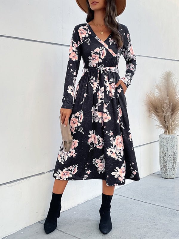 Stilla | Dame Floral Print Faux Wrap Talje Bælte Midi Kjole Mode