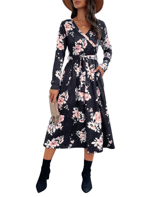 Stilla | Dame Floral Print Faux Wrap Talje Bælte Midi Kjole Mode