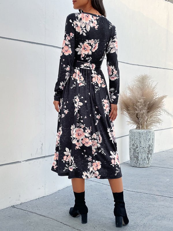 Stilla | Dame Floral Print Faux Wrap Talje Bælte Midi Kjole Mode