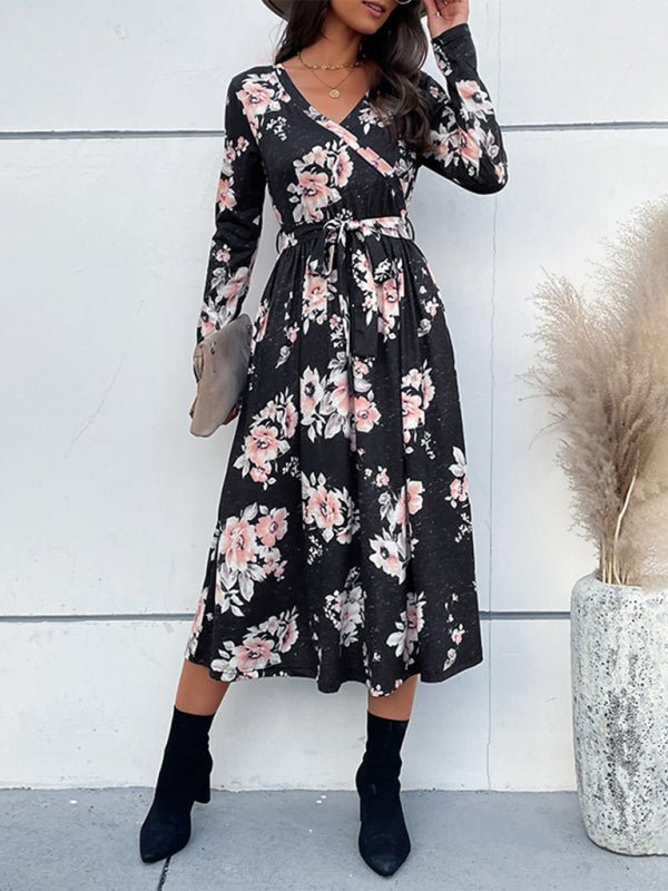 Stilla | Dame Floral Print Faux Wrap Talje Bælte Midi Kjole Mode