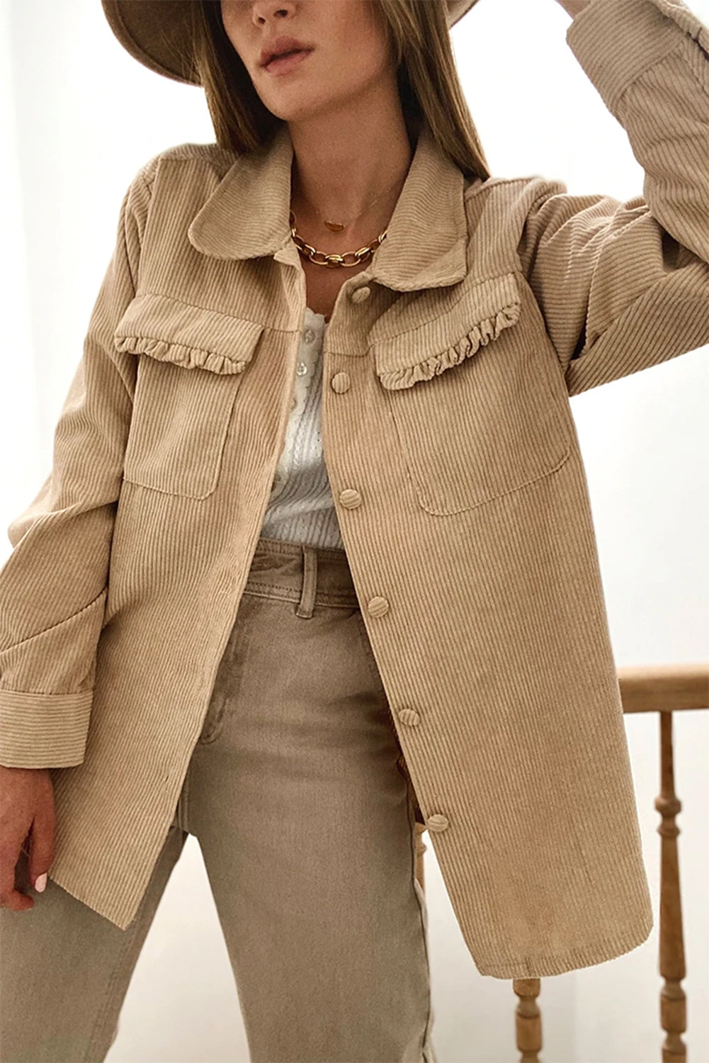 Stilla | Corduroy Skjortejakke med Flæsedetaljer Bomuldsblanding Elegant & Moderne Online nu