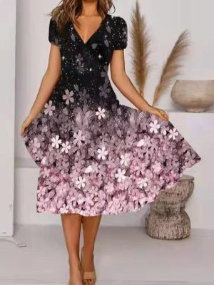 Stilla | Elegant V-hals Kortærmet Blomsterprint Flared Midi Kjole