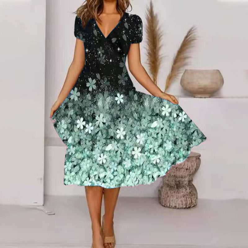 Stilla | Elegant V-hals Kortærmet Blomsterprint Flared Midi Kjole