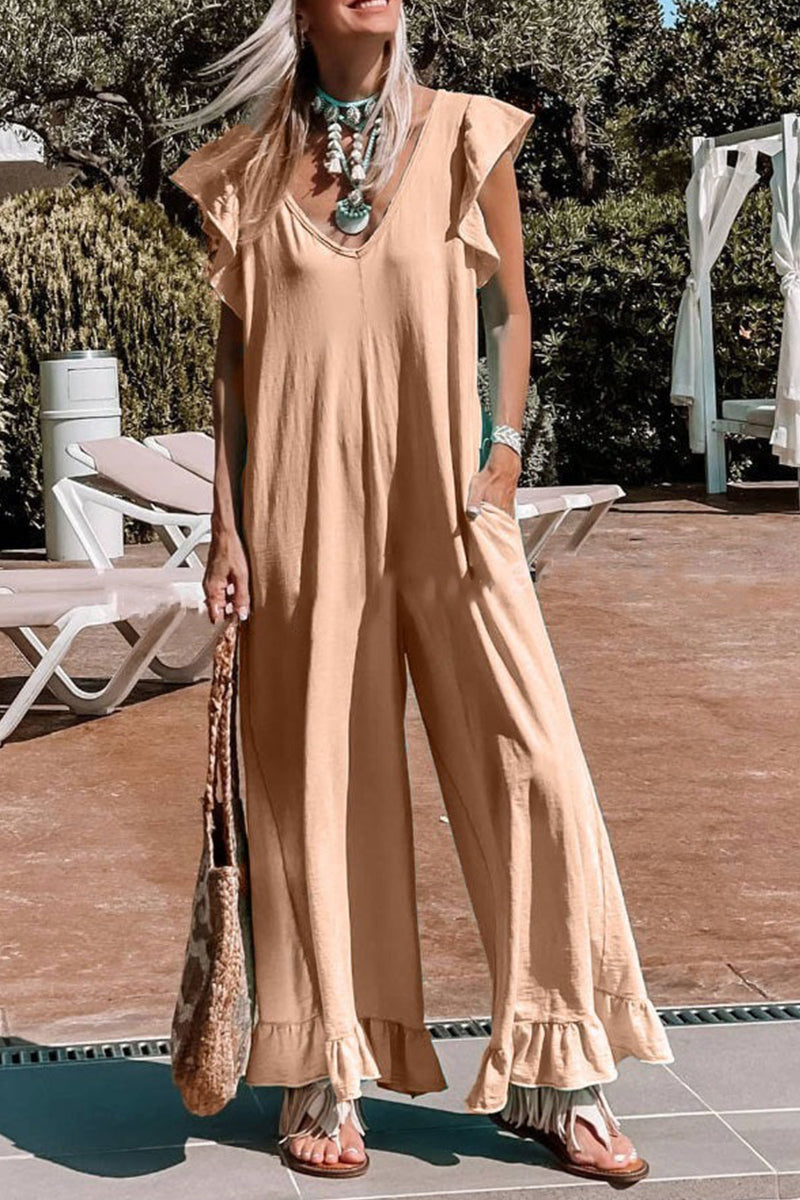 Stilla | Afslappet Solid Flounce V-neck Loose Jumpsuits