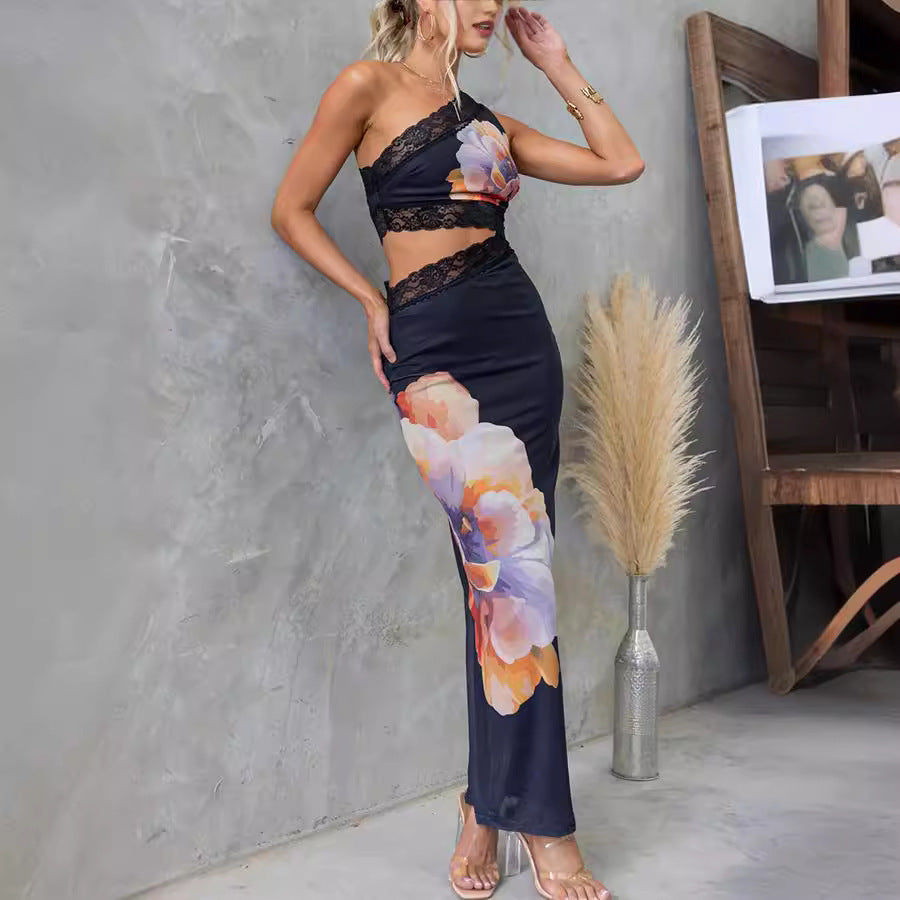 Stilla | Én Skulder Trykt Voile Blonde Slim Fit Kjole