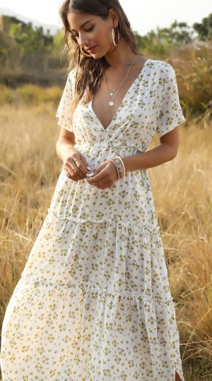 Stilla | Sommer Blomsterprint Flæser Boho Maxi Kjole