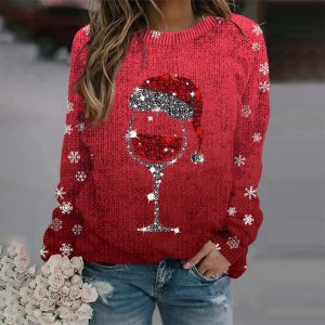 Stilla | Varm Pullover Med Julevin Glas Og Trykt Julehat Til Kvinder