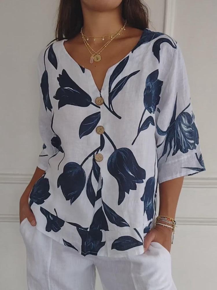 Stilla | Bluse V-Hals Med Blomster Mønster
