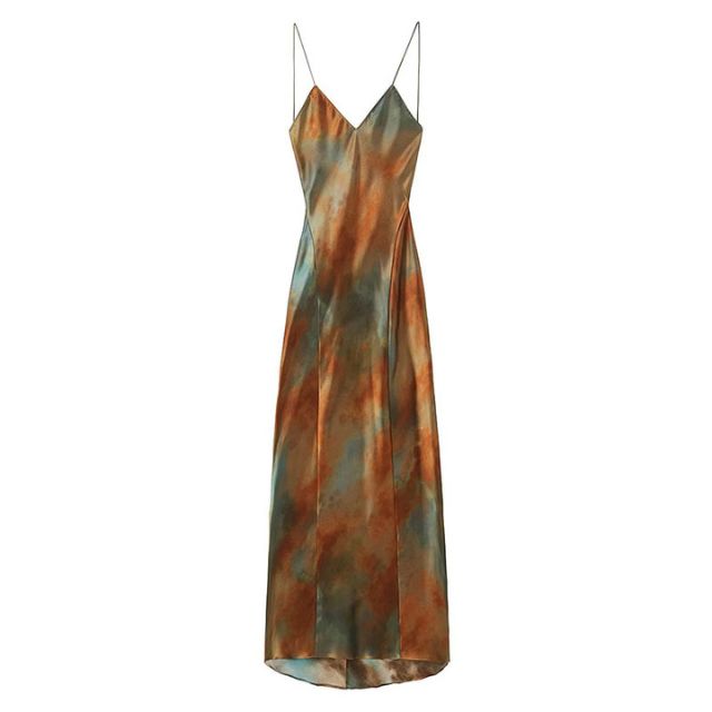 Stilla | Elegant satin maxi kjole med akvarel print