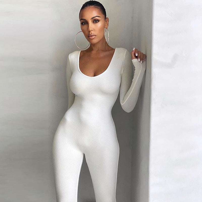 Stilla | Solid Farve Rund Hals Langærmet Bodycon Jumpsuit
