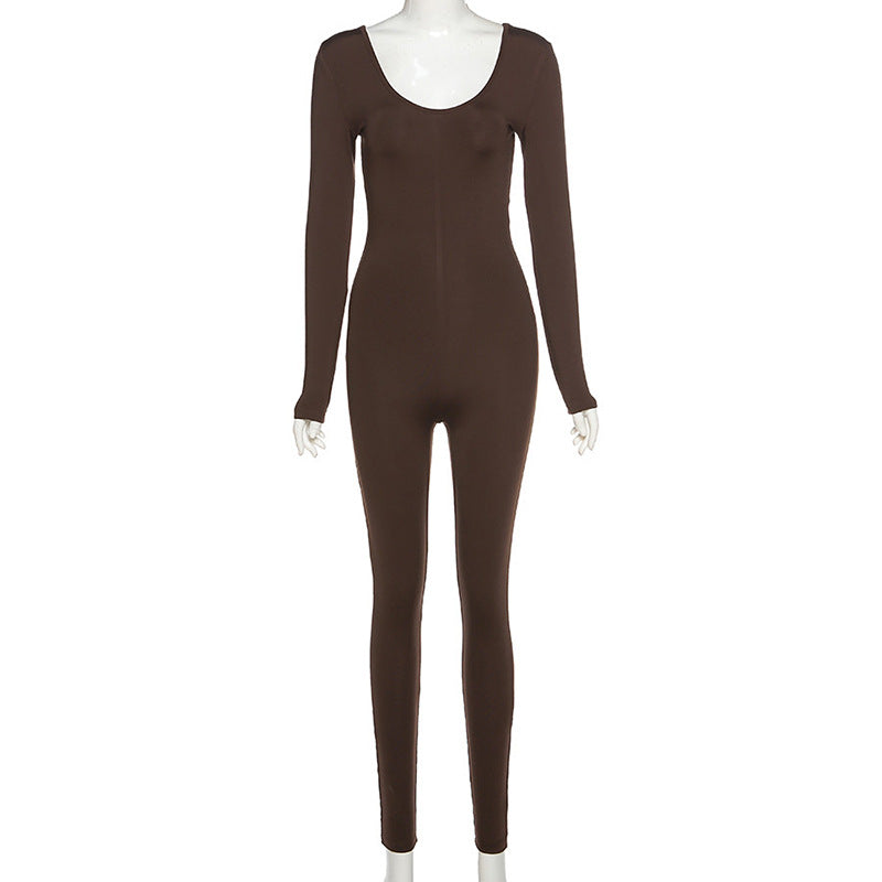 Stilla | Solid Farve Rund Hals Langærmet Bodycon Jumpsuit