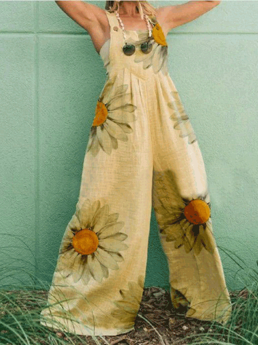 Stilla | Dame Jumpsuits Blomstermotiver Uden Ærmer Bred Ben Jumpsuit