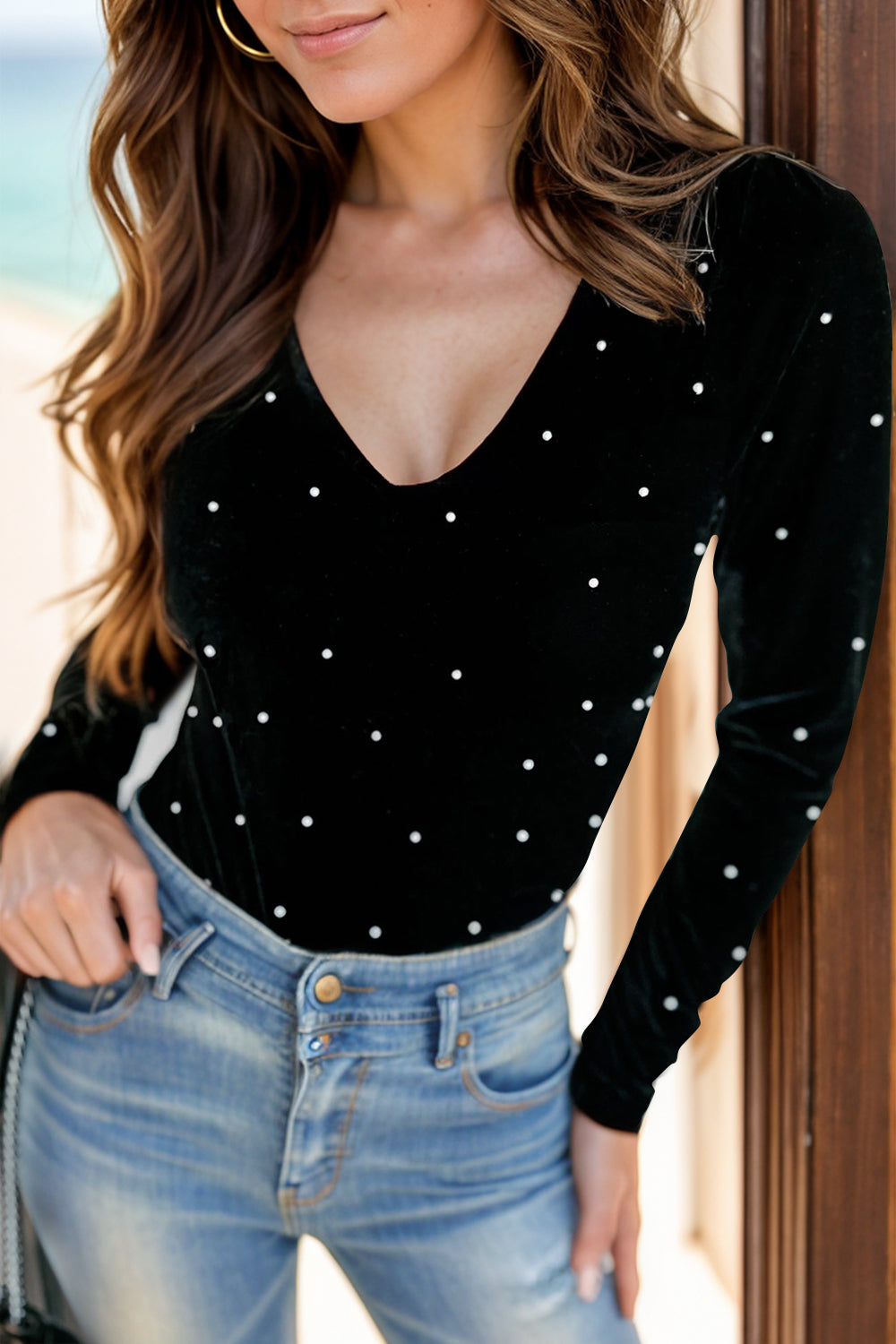 Stilla | Perle Detalje V-Udskæring Lange Ærmer Bodysuit