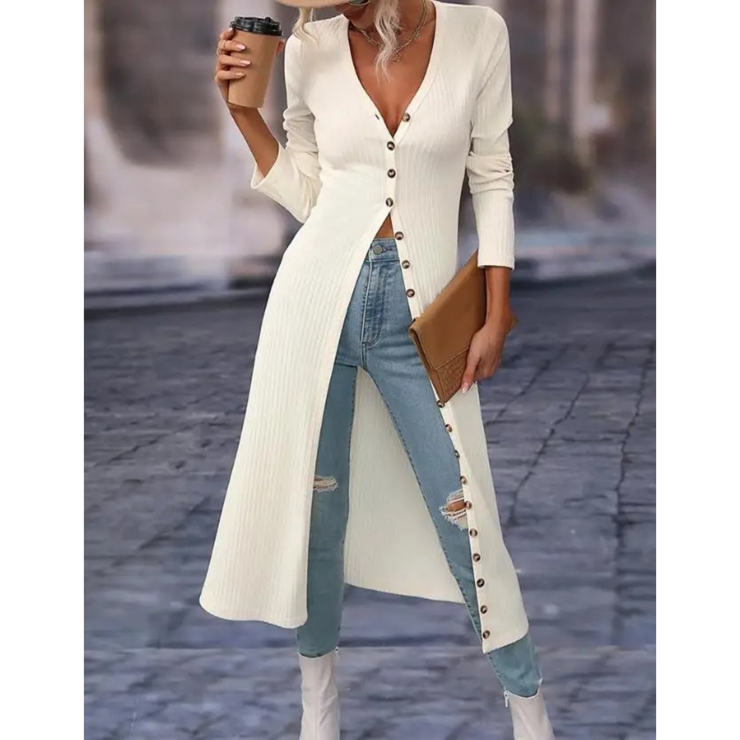 Stilla | Slim Fit V-hals Med Knap, Lang Sommerjakke