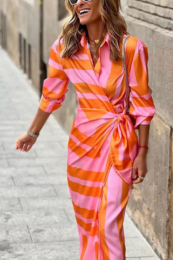 Stilla | Stripe Knot Shirt Collat Midi Wrap Kjole