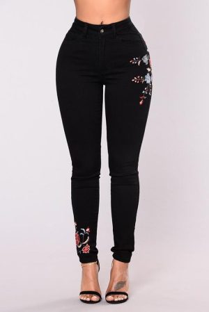 Stilla | Sort Blomstret Broderi Skinny Jeans