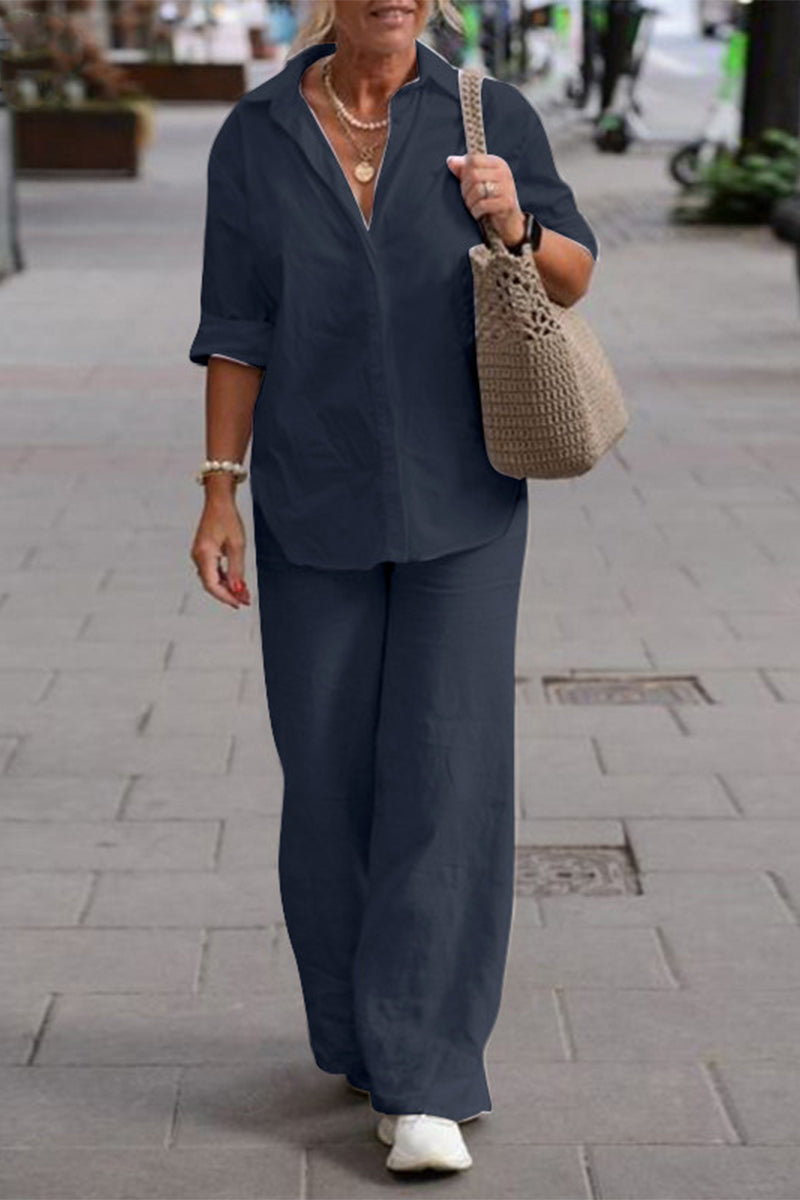 Stilla | Afslappet Street Solid Solid Color Turn Down Collar Langærmet to Deler Udsalg
