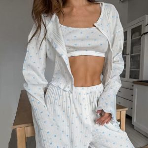 Stilla | Heart Print Behagelige Pyjamas Tre Delt Sæt