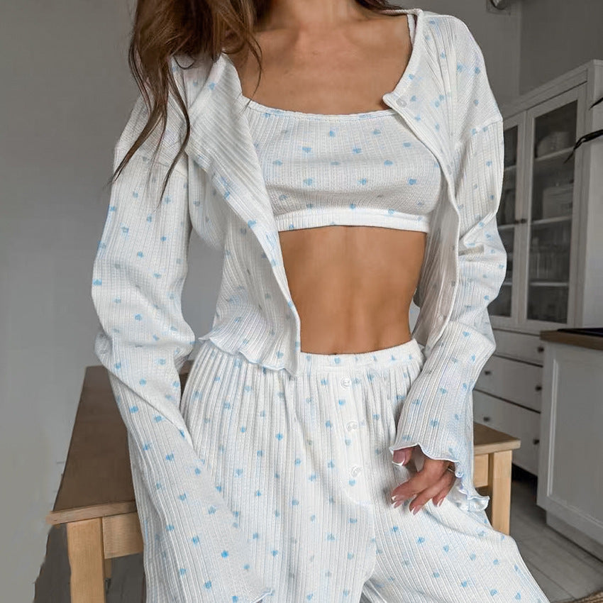 Stilla | Heart Print Behagelige Pyjamas Tre Delt Sæt