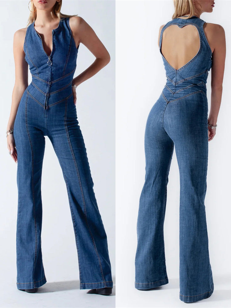 Stilla | Retrojeans-Overall med åben ryg. Trendsættende og elegant for et vintage touch.
