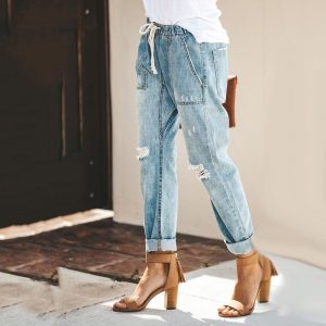 Stilla | Jogger Jeans Elastisk Talje Med Snøre Aflappet Pasform Rådetaljer & Opsmøg