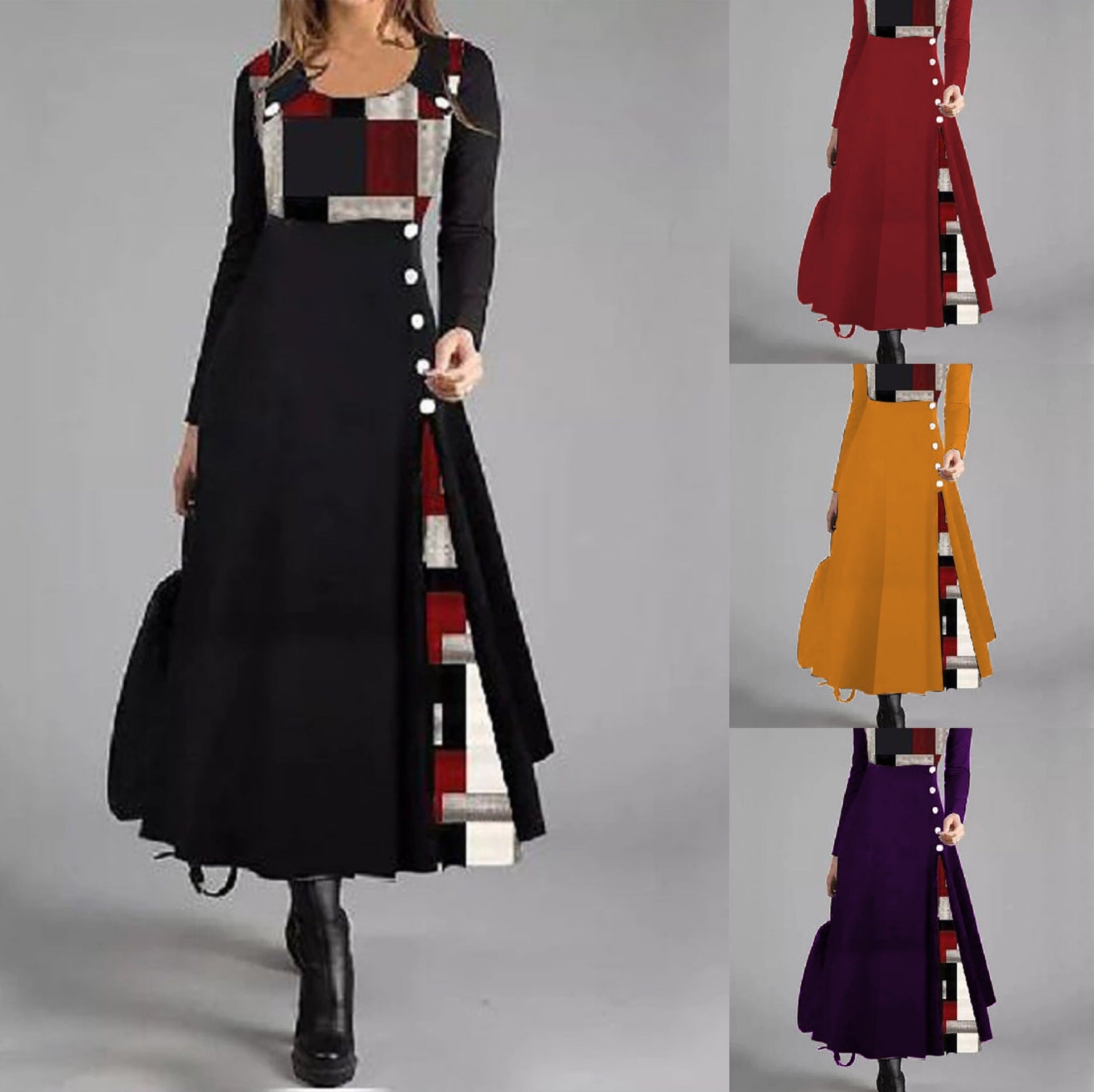 stilla-chic-farveblokeret-knap-rund-hals-flare-kjole_0.jpg Stilla | Chic Farveblokeret Knap Rund Hals Flare Kjole