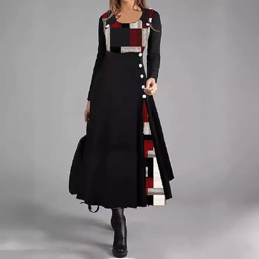 stilla-chic-farveblokeret-knap-rund-hals-flare-kjole_1.jpg Stilla | Chic Farveblokeret Knap Rund Hals Flare Kjole