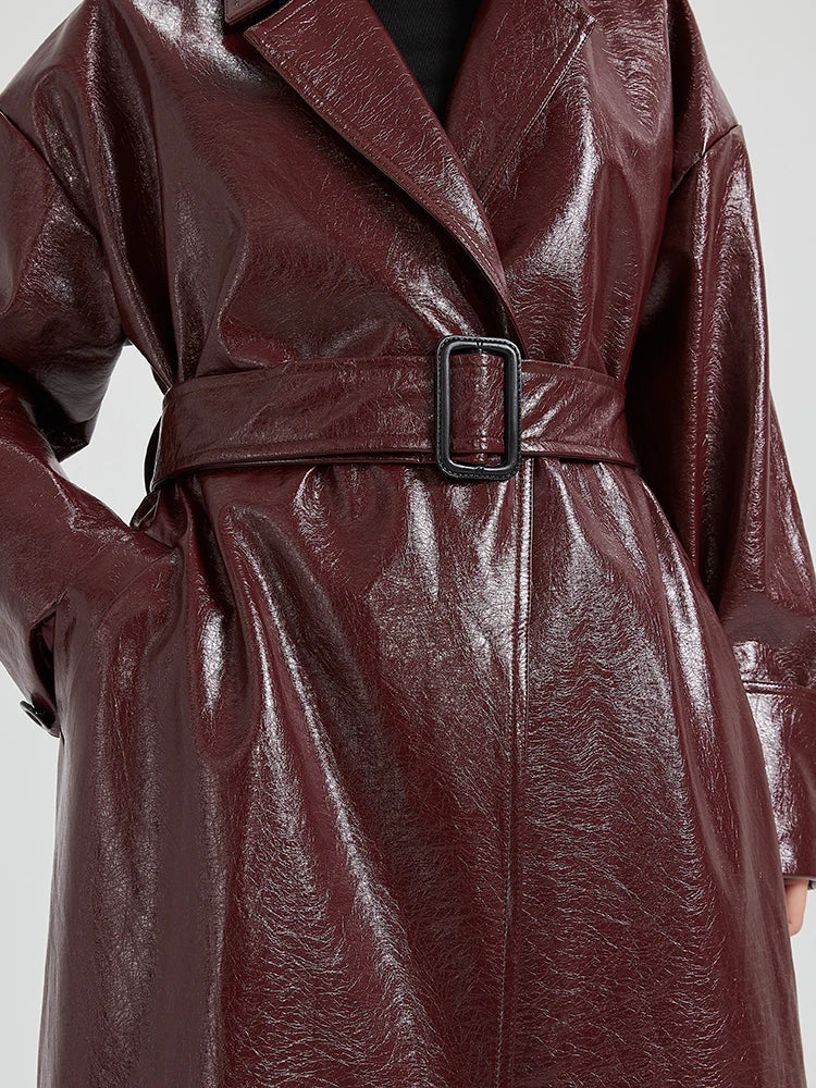Stilla | Lautaro Forår Efterår Ekstra Lang Burgunder Pu Læder Trench Coat Til Kvinder Med Bælte Elegante Luksus Designer Maxi Overcoat