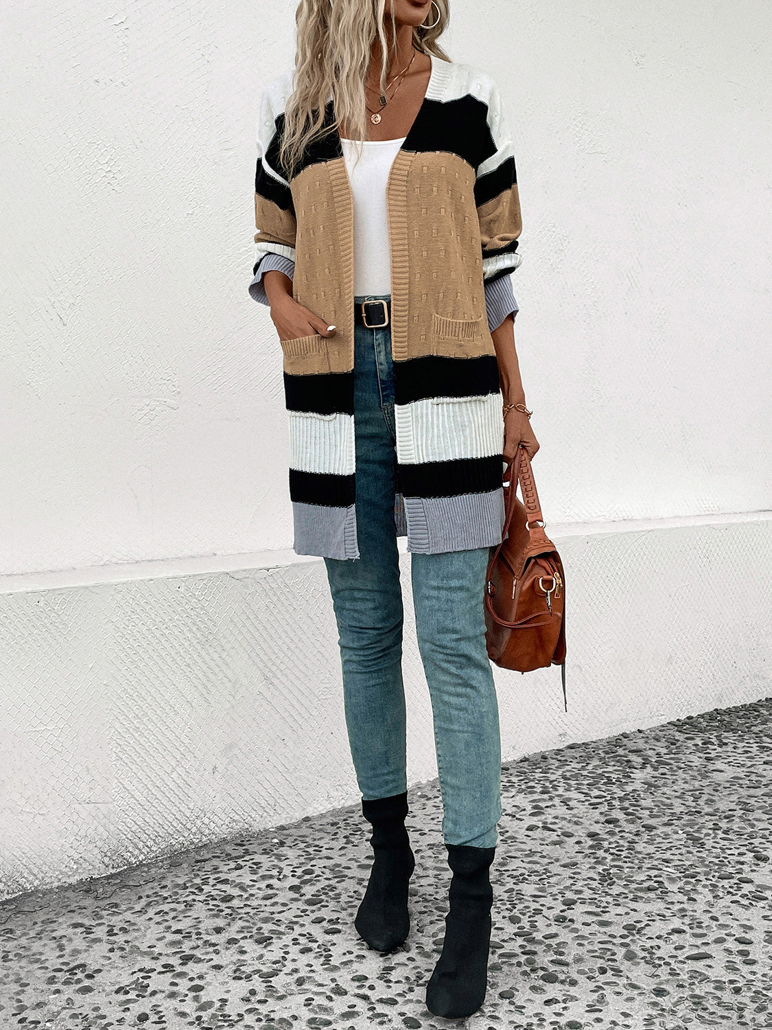 Stilla | Perfee Farveblok Åben Forkant Drop Skulder Cardigan