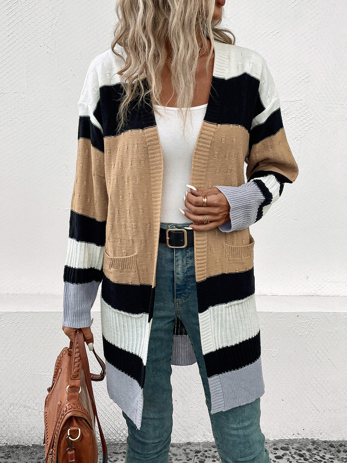Stilla | Perfee Farveblok Åben Forkant Drop Skulder Cardigan