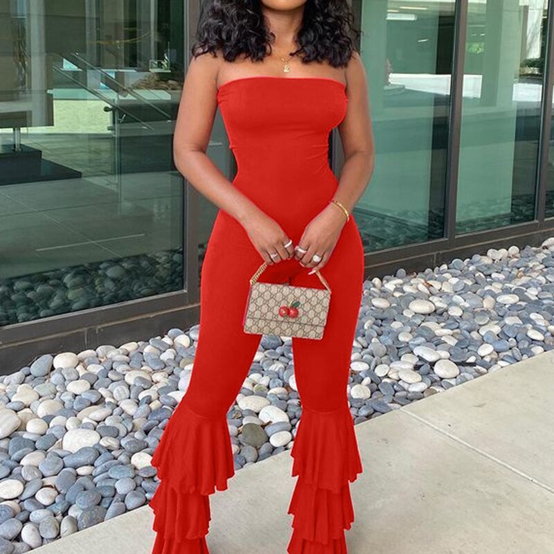 Stilla | Rød Strapless Flared Legs Jumpsuit